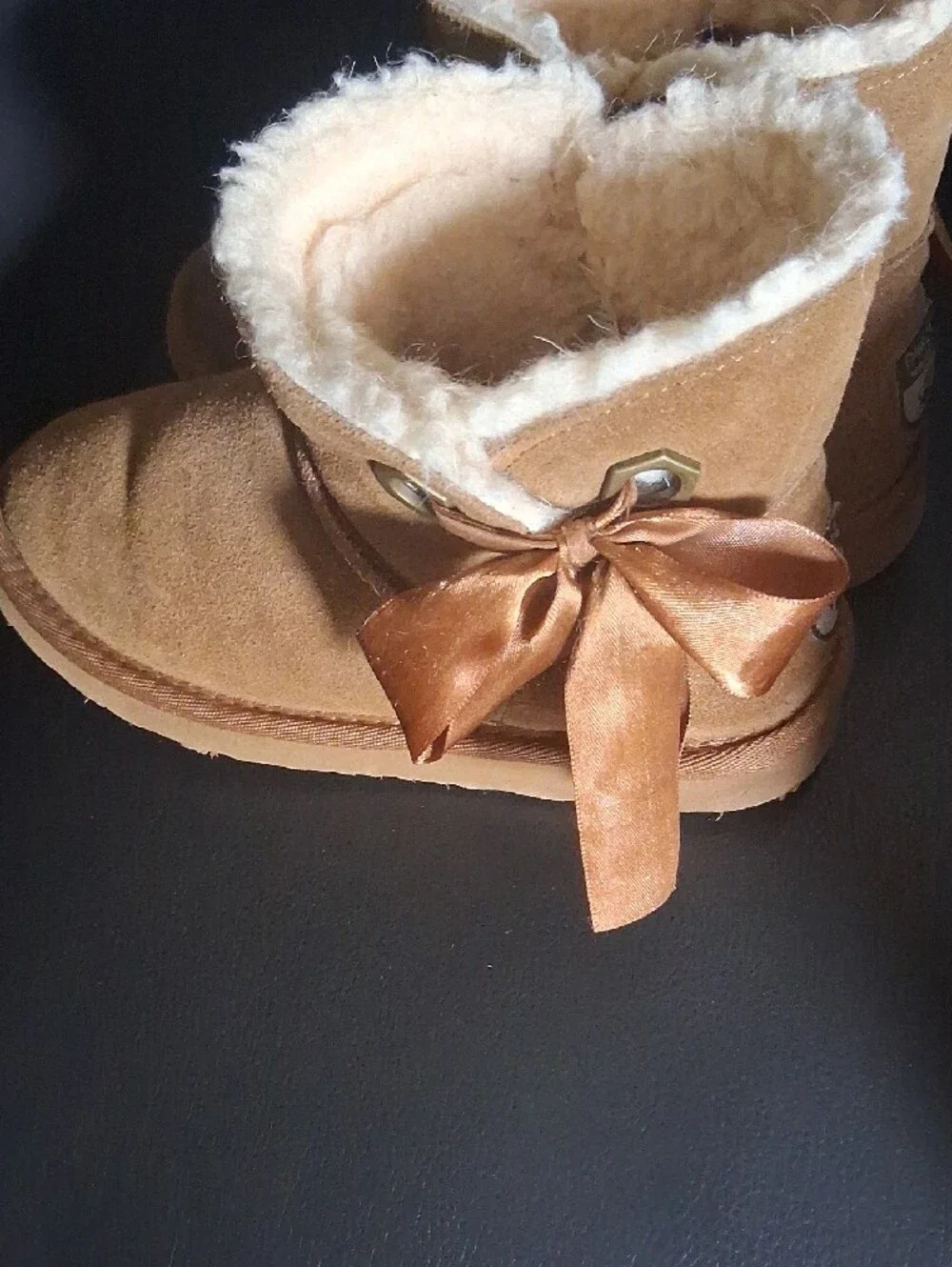 BearPaw Kids Chestnut Suede Shearling Boots with Bow
